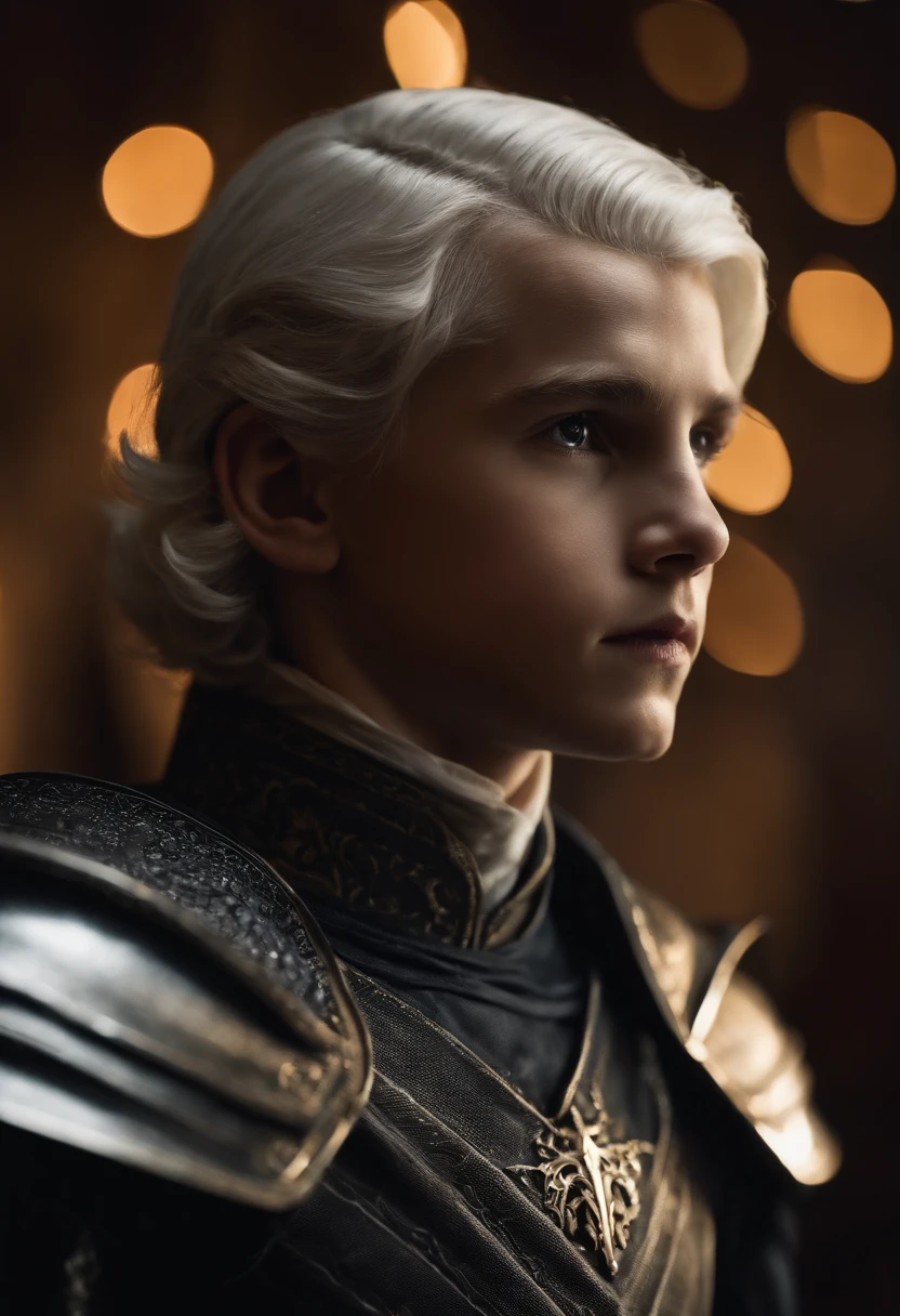 Young boy, 6 *********, Royalty, Round box-like strong jawline, strong cheekbones, medium-full lips, thin but strongly defined nose, very good hairline, shoulder-length Silver-white hair, tall for his age, handsome, targaryen, silver hair, expensive Black outfit.