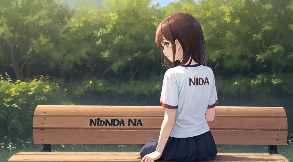 The girl sat on the bench by her back and wearing Nida name t-shirt