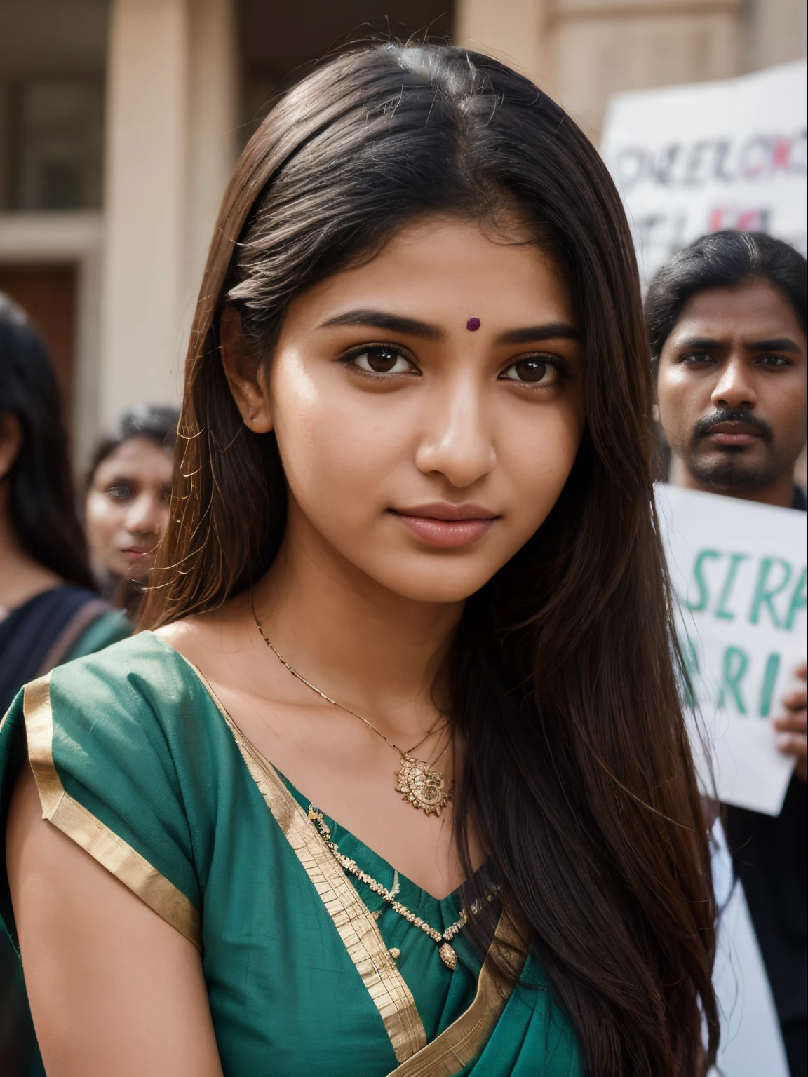 (best quality, ultra-detailed, realistic:1.37), professional, beautiful detailed eyes, beautiful detailed lips, detailed facial features, natural skin tones, perfect skin texture, delicate facial expressions, image in high resolution, realistic face, realistic skin, plain face, natural smile, highly detailed hair, 18yo, (Kiran, beautiful Indian young woman), engages in social activism, dressed in an outfit that represents her cause and holding a protest sign. The high-resolution image captures ultra-detailed realism, highlighting Kiran's captivating eyes, expressive lips, and graceful facial features. The demonstration or social gathering creates a visually captivating representation of Indian activism and fighting for social justice.