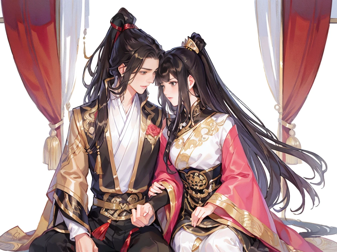 ((tmasterpiece)), Best quality at best, Excellent illustration, a couple kissing, soft focus, 1 boy with long black hair, yellow-eyed，Wearing black Hanfu, 1 girl with long black hair, No bangs, a pink eyes，Wear a pink dress, in a luxuriously living room, Chinese furniture，opulent and exquisite atmosphere, natta，gentlesoftlighting，Boys are taller than girls, They kissed each other passionately，Attractions，red rose，Big scene，k hd，4K，