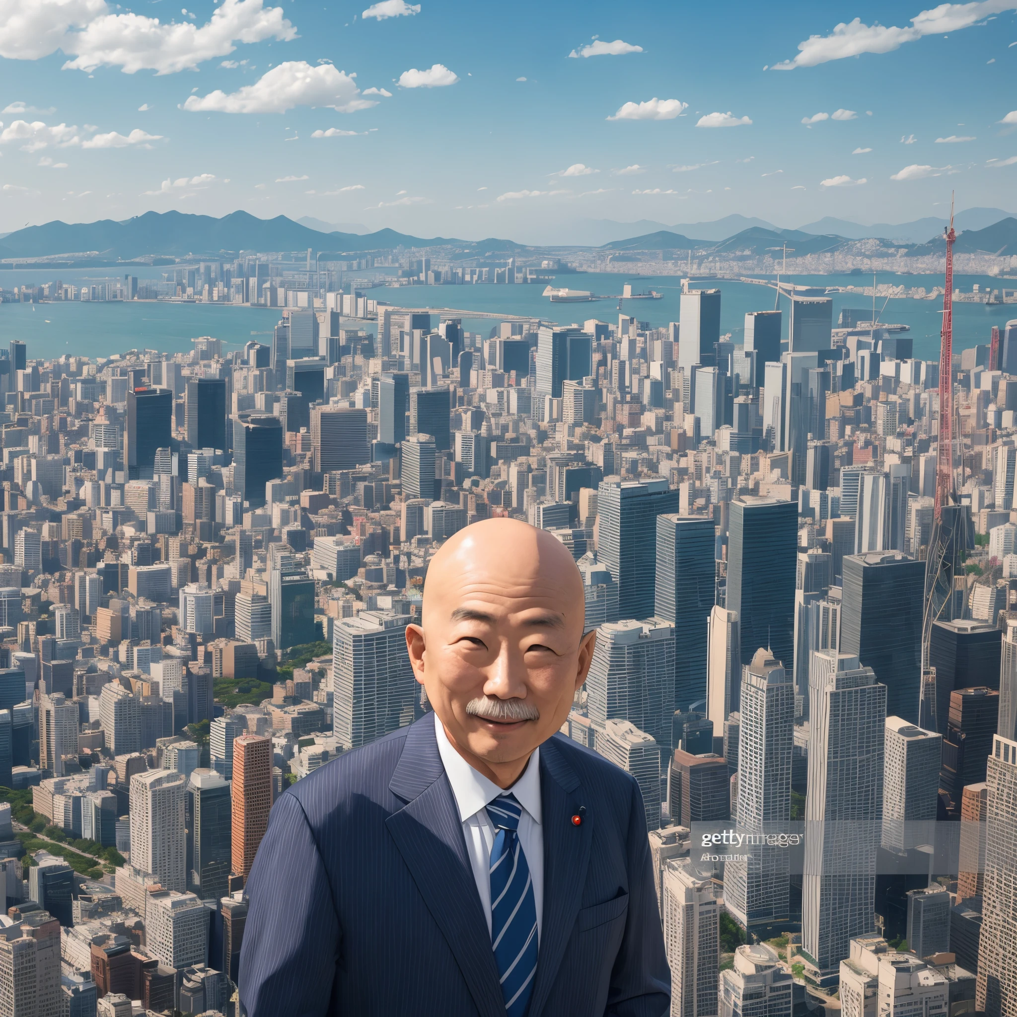 A news photo of a political event featuring one major person. A bald Japanese man with no beard. Shot using his Sony α7III camera with his 85mm lens with F 1.2 aperture, it shows the entire city from an aerial perspective. -ar 9 :16 --auto --s2