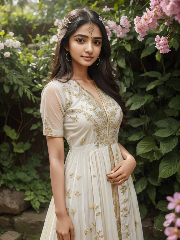(best quality, ultra-detailed, realistic:1.37), professional, beautiful detailed eyes, beautiful detailed lips, detailed facial features, natural skin tones, perfect skin texture, delicate facial expressions, image in high resolution, realistic face, realistic skin, plain face, natural smile, highly detailed hair, 18yo, (Kiran, beautiful Indian young woman), stands amidst a serene natural landscape, dressed in a flowy Anarkali suit with floral motifs. The high-resolution image captures ultra-detailed realism, highlighting Kiran's captivating eyes, expressive lips, and graceful facial features. The tranquil surroundings of lush greenery and blooming flowers create a visually stunning representation of natural beauty and serenity.
