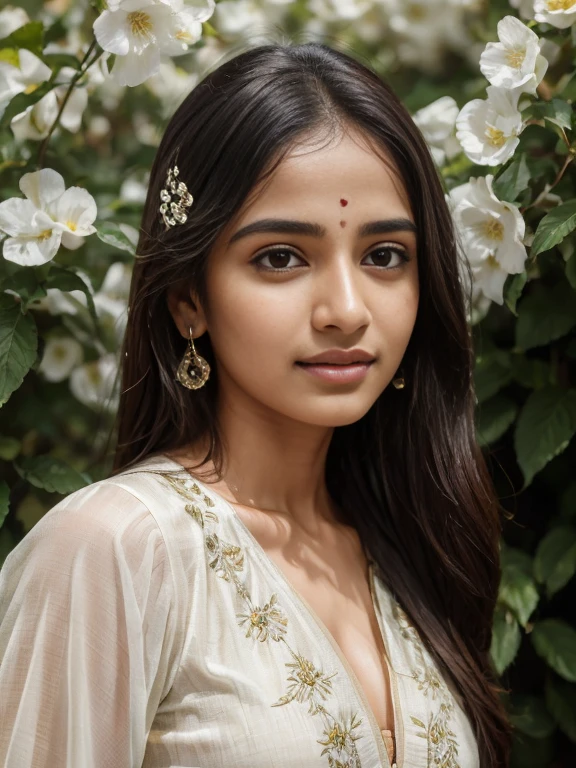 (best quality, ultra-detailed, realistic:1.37), professional, beautiful detailed eyes, beautiful detailed lips, detailed facial features, natural skin tones, perfect skin texture, delicate facial expressions, image in high resolution, realistic face, realistic skin, plain face, natural smile, highly detailed hair, 18yo, (Kiran, beautiful Indian young woman), stands amidst a serene natural landscape, dressed in a flowy Anarkali suit with floral motifs. The high-resolution image captures ultra-detailed realism, highlighting Kiran's captivating eyes, expressive lips, and graceful facial features. The tranquil surroundings of lush greenery and blooming flowers create a visually stunning representation of natural beauty and serenity.