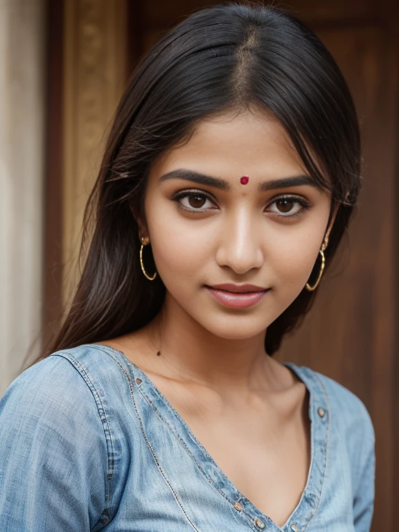 (best quality, ultra-detailed, realistic:1.37), professional, beautiful detailed eyes, beautiful detailed lips, detailed facial features, natural skin tones, perfect skin texture, delicate facial expressions, image in high resolution, realistic face, realistic skin, plain face, natural smile, highly detailed hair, 18yo, (Kiran, beautiful Indian young woman), embraces modern fusion fashion in a stylish combination of a Kurti with Jeans and trendy accessories. The high-resolution image captures ultra-detailed realism, highlighting Kiran's captivating eyes, expressive lips, and graceful facial features. The contemporary urban setting adds a modern touch, creating a visually captivating representation of Indian style and cultural fusion.