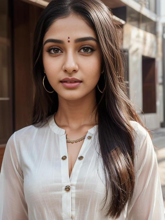 (best quality, ultra-detailed, realistic:1.37), professional, beautiful detailed eyes, beautiful detailed lips, detailed facial features, natural skin tones, perfect skin texture, delicate facial expressions, image in high resolution, realistic face, realistic skin, plain face, natural smile, highly detailed hair, 18yo, (Kiran, beautiful Indian young woman), embraces modern fusion fashion in a stylish combination of a Kurti with Jeans and trendy accessories. The high-resolution image captures ultra-detailed realism, highlighting Kiran's captivating eyes, expressive lips, and graceful facial features. The contemporary urban setting adds a modern touch, creating a visually captivating representation of Indian style and cultural fusion.