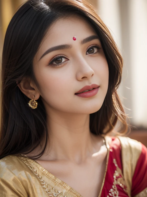 (best quality, ultra-detailed, realistic:1.37), professional, beautiful detailed eyes, beautiful detailed lips, detailed facial features, natural skin tones, perfect skin texture, delicate facial expressions, image in high resolution, realistic face, realistic skin, plain face, natural smile, highly detailed hair, 18yo, (Kiran, beautiful Indian young woman), celebrates a festive occasion in a vibrant Salwar Kameez adorned with colorful patterns and accessories. The high-resolution image captures ultra-detailed realism, highlighting Kiran's captivating eyes, expressive lips, and graceful facial features. The festive decorations and vibrant colors create a visually stunning representation of Indian culture and joyous celebration.