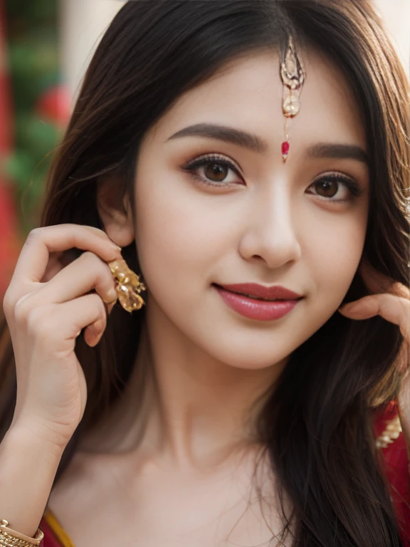 (best quality, ultra-detailed, realistic:1.37), professional, beautiful detailed eyes, beautiful detailed lips, detailed facial features, natural skin tones, perfect skin texture, delicate facial expressions, image in high resolution, realistic face, realistic skin, plain face, natural smile, highly detailed hair, 18yo, (Kiran, beautiful Indian young woman), celebrates a festive occasion in a vibrant Salwar Kameez adorned with colorful patterns and accessories. The high-resolution image captures ultra-detailed realism, highlighting Kiran's captivating eyes, expressive lips, and graceful facial features. The festive decorations and vibrant colors create a visually stunning representation of Indian culture and joyous celebration.