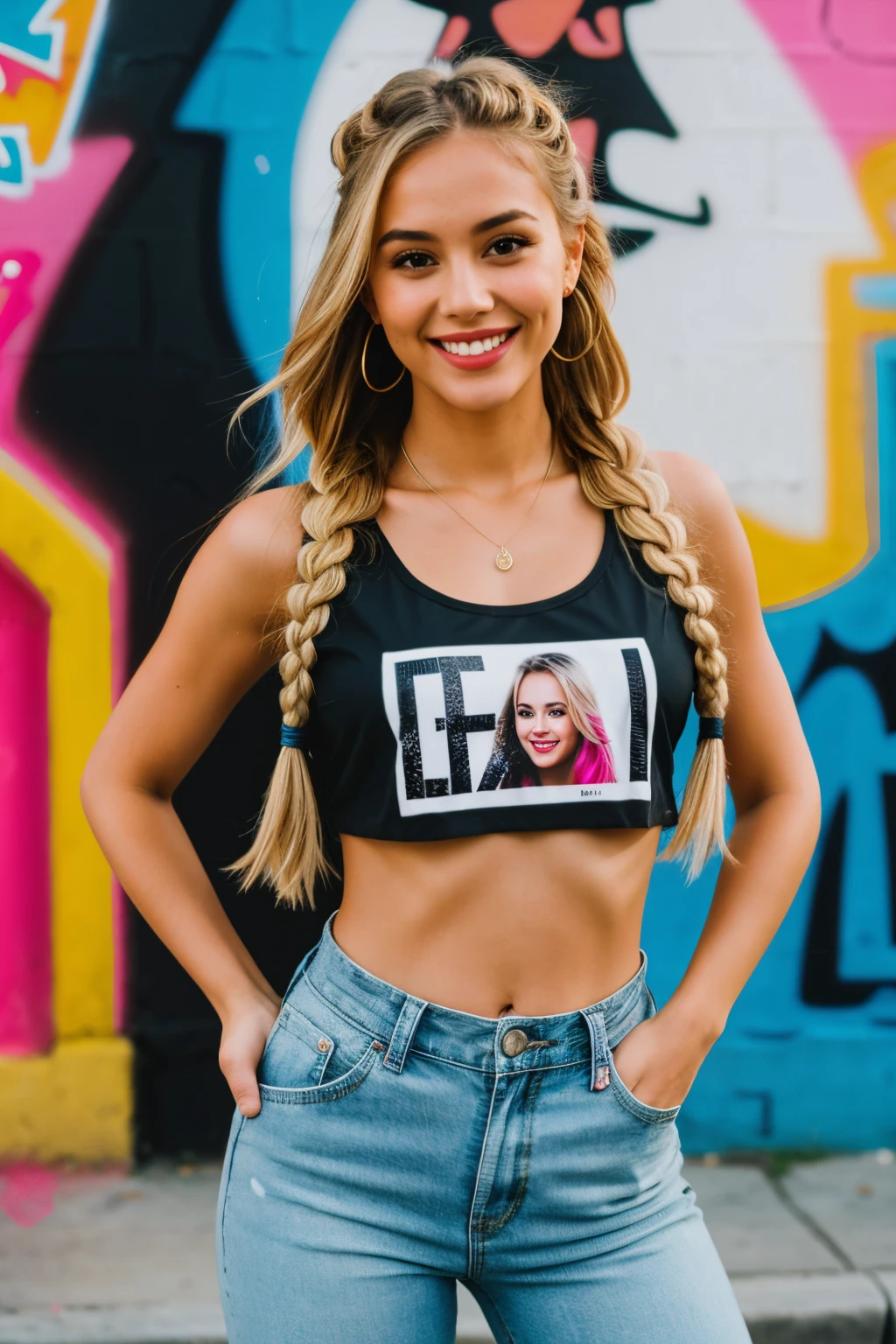 gorgeous cute Austrian girl, smiling, (crop top), Steel blonde hair loose braided hair, comics printed shirt, leggins, lean against the wall, backstreet, (graffiti on the wall), hip-hop, smiling, hands in pockets, perfectly symmetrical face, detailed skin, elegant, alluring, attractive, amazing photograph, DSLR, 80mm Sigma f2, depth of field, intricate natural lighting