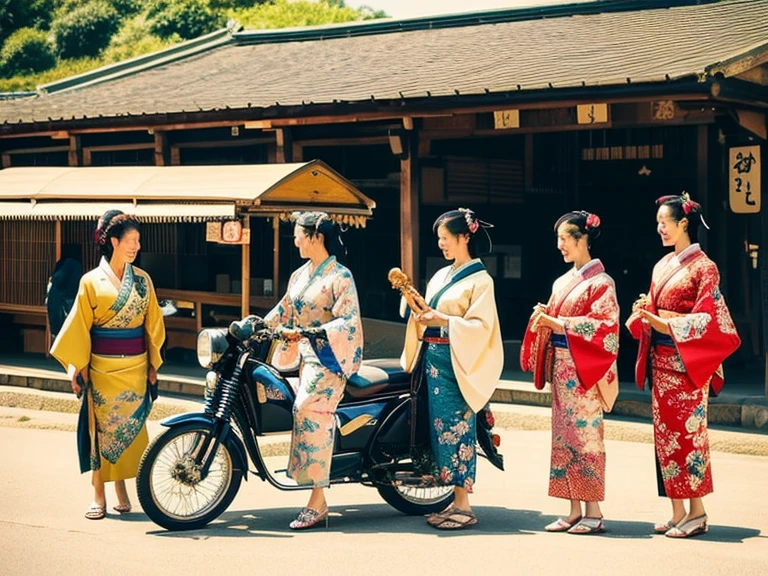 ((ukiyoe painting))、(Beautuful Women:1.5)、group、motor car、shopping street、、Mt fuji、Toyota、Nissan、Motorcycles、kimono、
