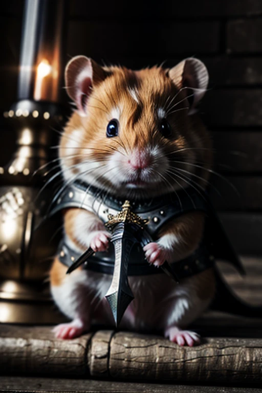 (best quality,4k,8k,highres,masterpiece:1.2,ultra-detailed,realistic,photorealistic:1.37, RAW photo, Nikon, portrait a little hamster with armor and sword, dark souls style, no human), solo:1.6, chibi, inside a dungeon with mosters, blurry background, bokeh, UHD, 16k, best quality, super detail, retina,