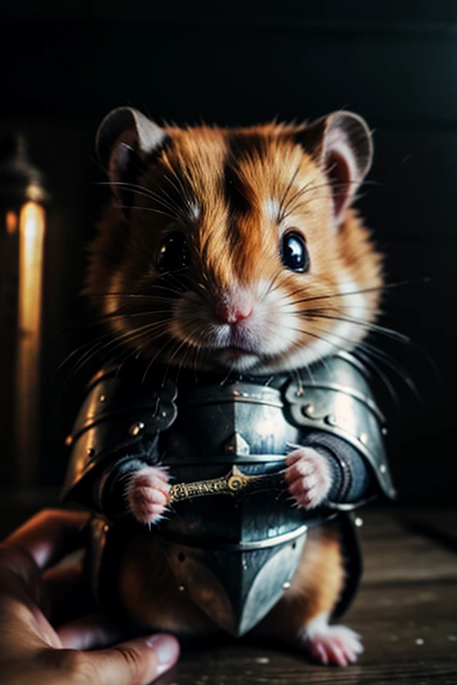 (best quality,4k,8k,highres,masterpiece:1.2,ultra-detailed,realistic,photorealistic:1.37, RAW photo, Nikon, portrait a little hamster with armor and sword, dark souls style, no human), chibi, inside a dungeon with mosters, blurry background, bokeh, UHD, 16k, best quality, super detail, retina,
