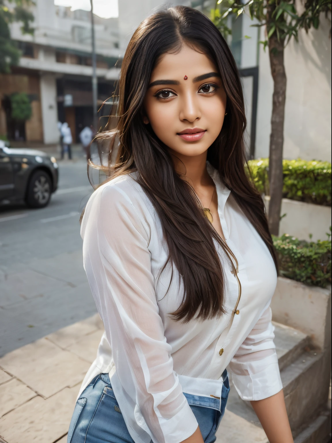 (best quality, ultra-detailed, realistic:1.37), professional, beautiful detailed eyes, beautiful detailed lips, detailed facial features, natural skin tones, perfect skin texture, delicate facial expressions, image in high resolution, realistic face, realistic skin, plain face, natural smile, highly detailed hair, 18yo, (Kiran, beautiful Indian young woman), embraces modern fusion fashion in a stylish combination of a Kurti with Jeans and trendy accessories. The high-resolution image captures ultra-detailed realism, highlighting Kiran's captivating eyes, expressive lips, and graceful facial features. The contemporary urban setting adds a modern touch, creating a visually captivating representation of Indian style and cultural fusion.