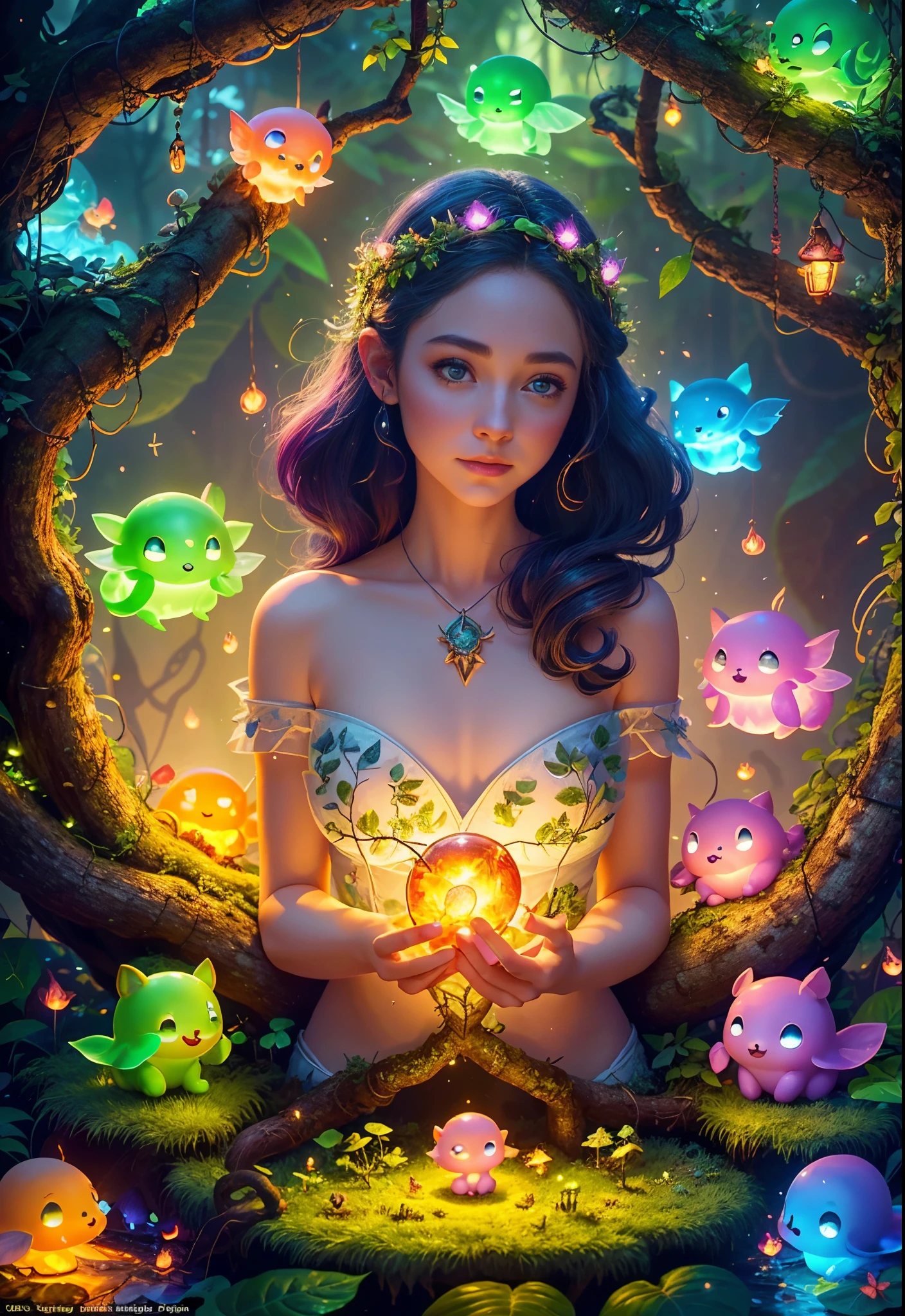 Fantasy in a glass, "Ethereal roses, cute slime animals, glowing little mushrooms surrounded by delicate leaves and branches, and fireflies and glowing particle effects, girl", (natural elements), (jungle theme), (leaves), (branches), (fireflies), butterflies, (delicate leaves), (glow), (particle effects), super realistic, super detailed, dramatic lightning, 4k, masterpiece, (chin dimple)