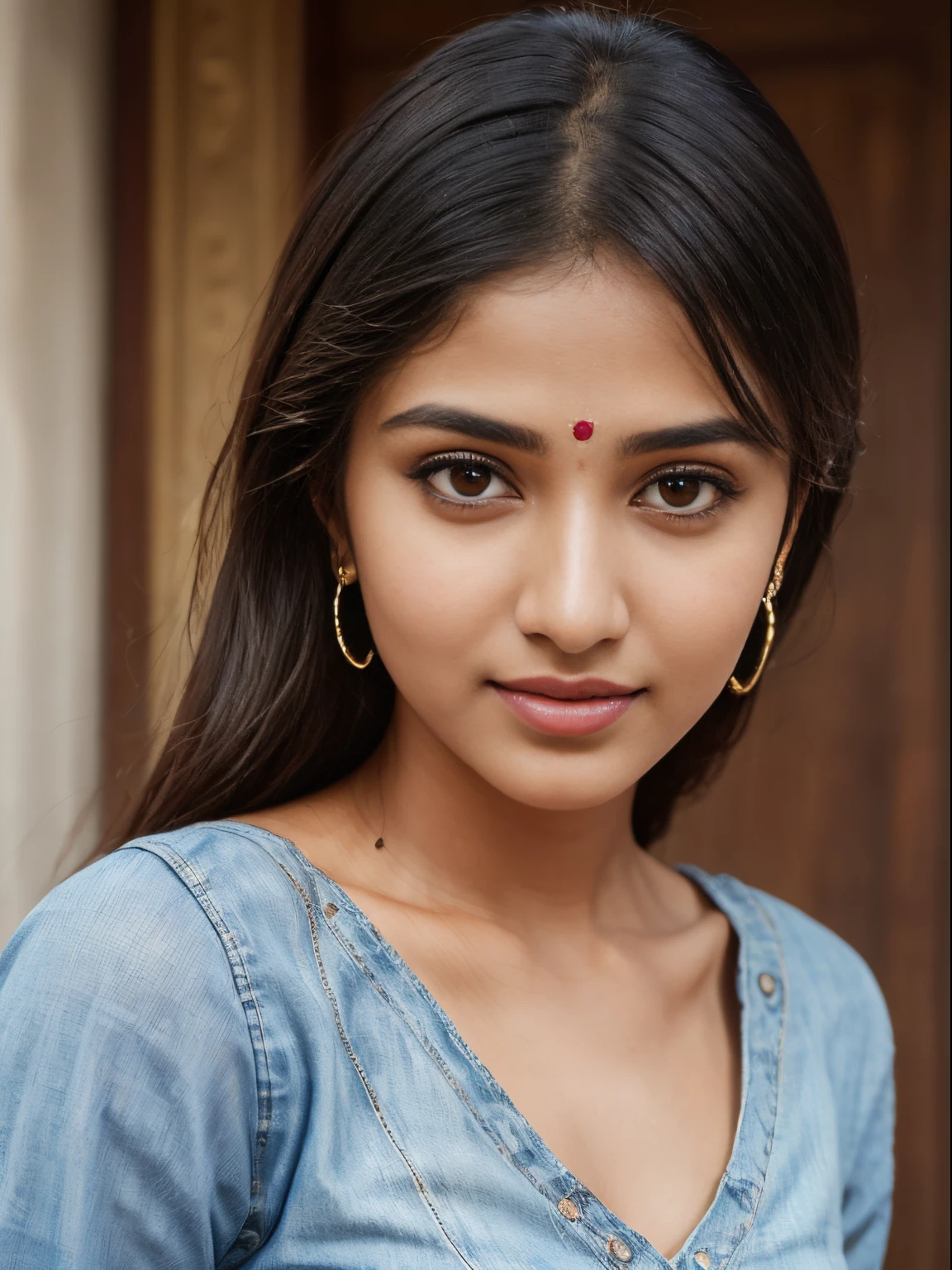 (best quality, ultra-detailed, realistic:1.37), professional, beautiful detailed eyes, beautiful detailed lips, detailed facial features, natural skin tones, perfect skin texture, delicate facial expressions, image in high resolution, realistic face, realistic skin, plain face, natural smile, highly detailed hair, 18yo, (Kiran, beautiful Indian young woman), embraces modern fusion fashion in a stylish combination of a Kurti with Jeans and trendy accessories. The high-resolution image captures ultra-detailed realism, highlighting Kiran's captivating eyes, expressive lips, and graceful facial features. The contemporary urban setting adds a modern touch, creating a visually captivating representation of Indian style and cultural fusion.