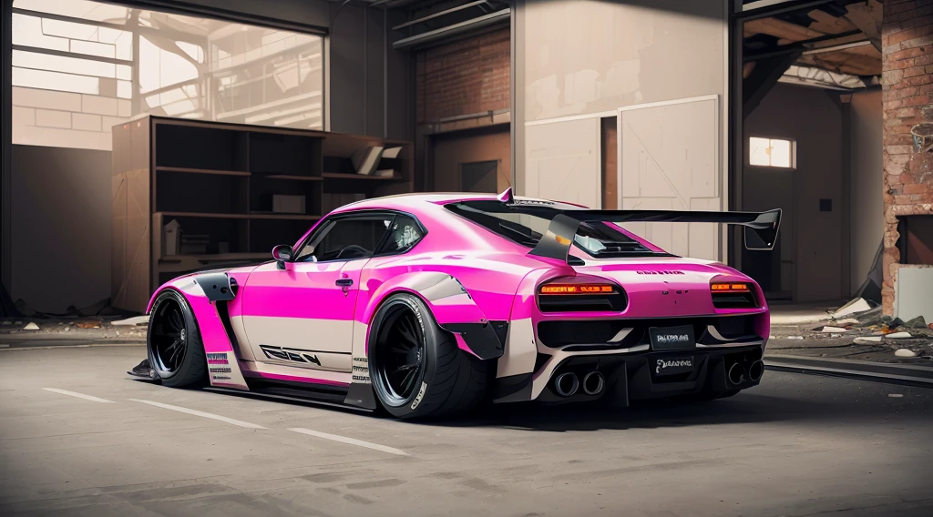 Supercar concept art((pink and black paintwork)), LB-Silhouette WORKS body kit, Forza horizon, gran Turismo aesthetic, trending on artstation, cgsociety, side angle shot, custom design build, cinematic composition, sd HDR studio light, sharp details, crisp, accurate, meticulous, assaul vehicle, military grade, 3ds max, corona render, sharp, focus, menacing look, large rear spoiler, high performance enhanced exhaust system, ((liberty walk body kit)); photo realistic, insanely detailed, ray tracing, subsurface scattering 8k, ((parked in an abandoned warehouse, derelict and lifeless space)), directional lighting, hazy and atmospheric, ominous, stealth built, highly detailed racing interior,