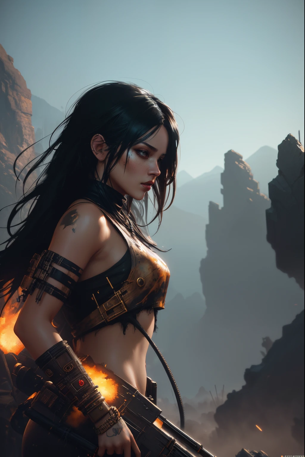 (full body shot of:14),(1 Angel Girl),(4 arms),Take each;machete,Yokai's head,bowl,hand seal,Delicate smooth skin,Openwork beads,No clothes,Crouch on the corpse,cawing ravens,Accurate human anatomy,(glaring eyes),(plethora of colors,Best quality,high detal,tmasterpiece,Cinematic lighting effects,4K,Chiaroscuro)
