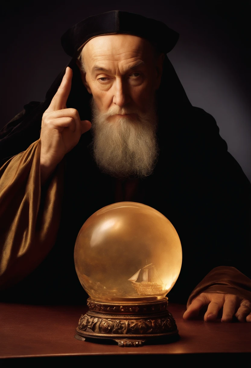 A photo of Nostradamus gazing into a crystal ball,Les Propheties,nostradamus, male