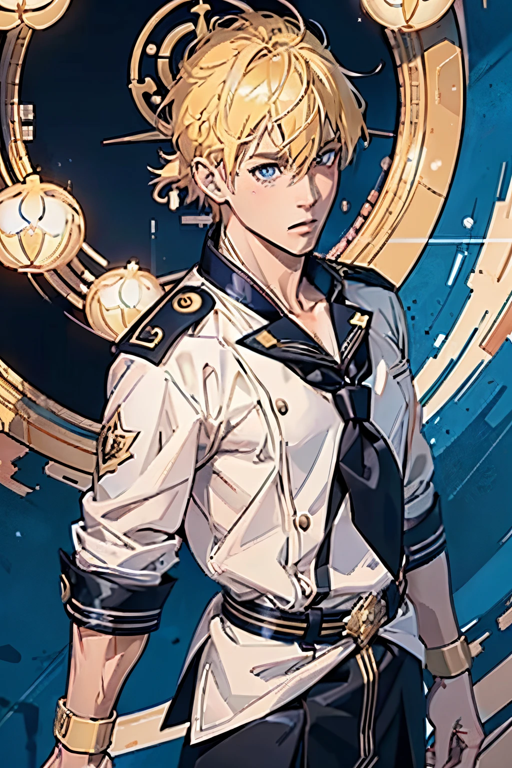 A man with (blonde hair), wearing a sailor uniform, worried; (((Best quality))) masterpiece vector illustration; anime character in sharp focus; detailed and vibrant anime face; character design; beautiful and vibrant digital art, hyperdetailed; overexaggerated features; Dynamic Lighting; Volumetric Lighting in 8k, Ultra Sharp Focus; intricate Artwork Masterpiece