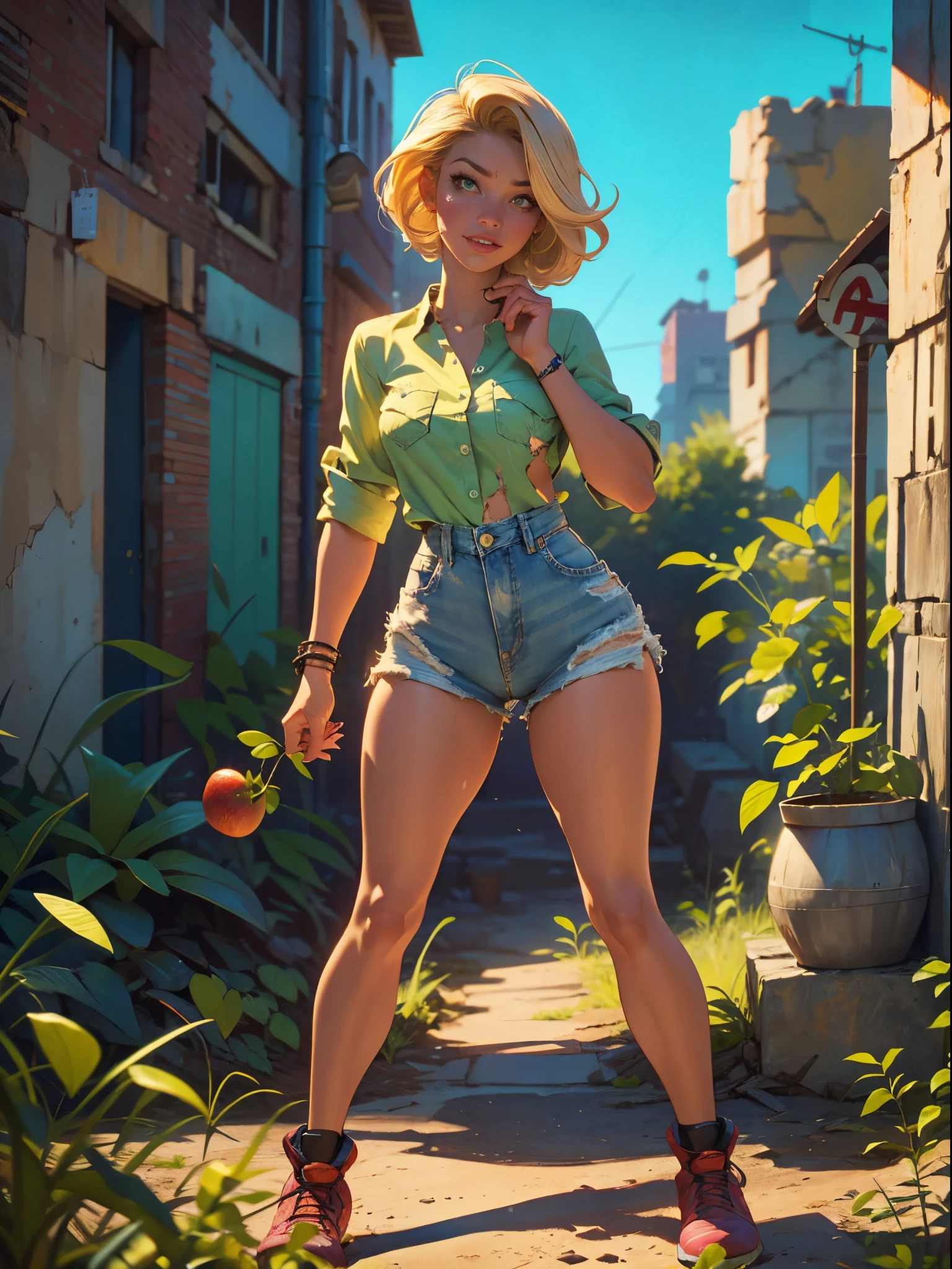 2076 year. The Urban Ruins of the Wasteland, Female huntress picking fruit in the garden, beautiful face, blonde, badly torn shirt and denim shorts ,  long legs, sweating through, sun rising, Nice warm colors, head to toe, full body shot, pretty hands, perfect fingers,