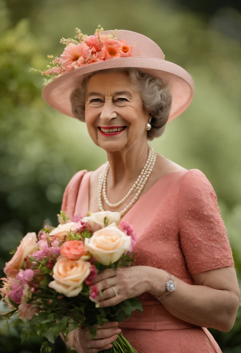 A photo of a meticulously arranged bouquet of fresh flowers in a crystal vase,Queen Elizabeth II,Queen Elizabeth II, known for her dignified and composed demeanor, typically appears in elegant, color-coordinated outfits, often accompanied by a matching hat and pearls, embodying the traditional and refined style befitting a monarch. Her appearance is marked by her signature hairstyle, kept consistent throughout her reign, and a warm, yet reserved smile that reflects her steady and composed nature., female