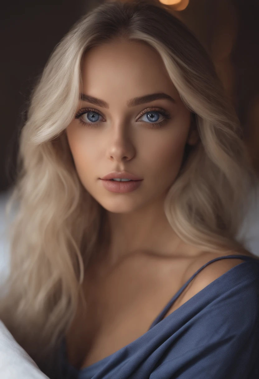 sexy girl with blue eyes, ultra realistic, meticulously detailed, portrait sophie mudd, blonde hair and large eyes, selfie of a young woman, bedroom eyes, violet myers, without makeup, natural makeup, looking directly at the camera, face with artgram, subtle makeup, lying in bed, in club, wearing a bikini