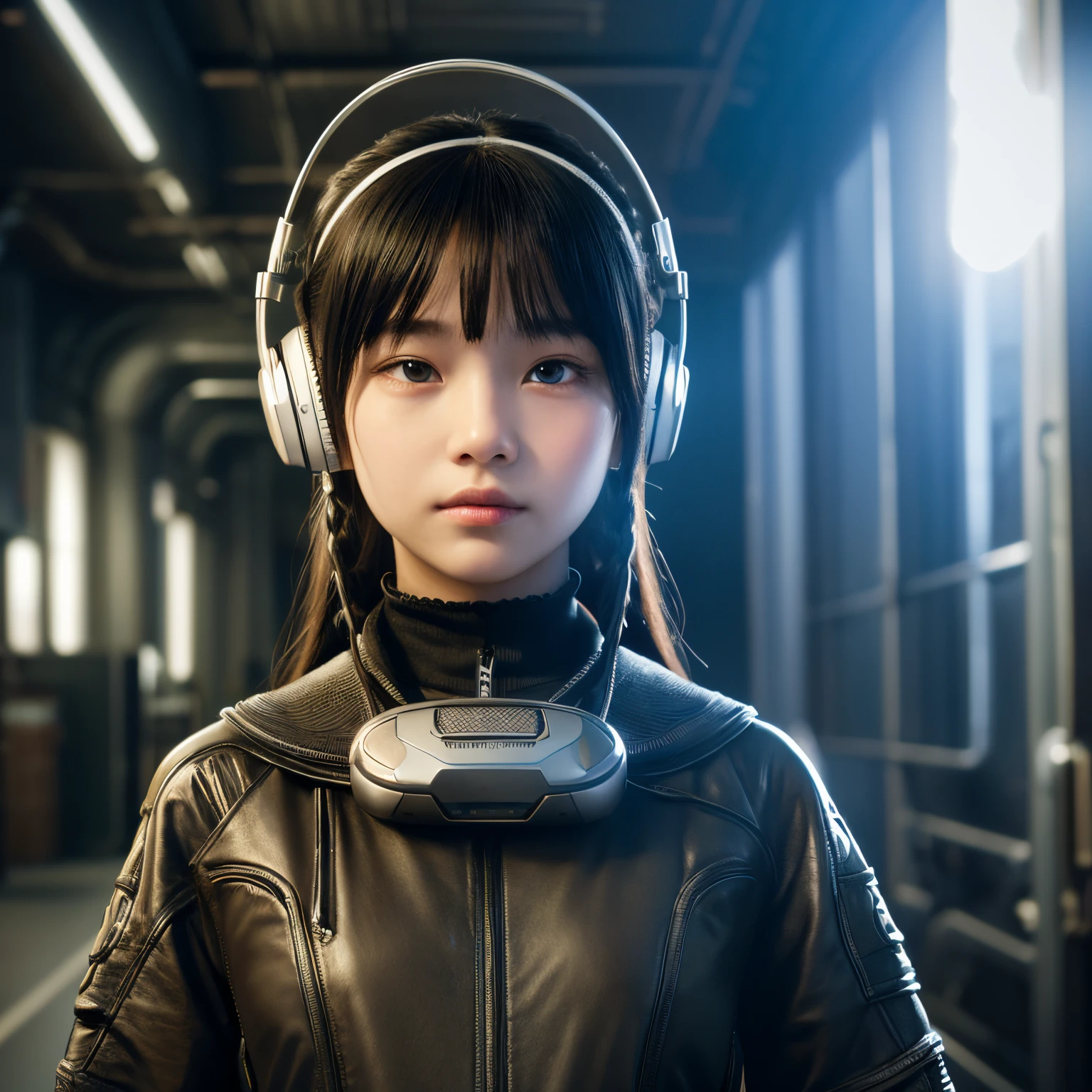 Half Android、realisitic、12 year old girl、headphones、Unbalanced composition、detailed rendering、Complex clothing、intertwined tubes、giger、an alien、8k．真实感、Beautiful color tones、real picture、Presence、女優、Not anime or illustration-like、steampunc、
