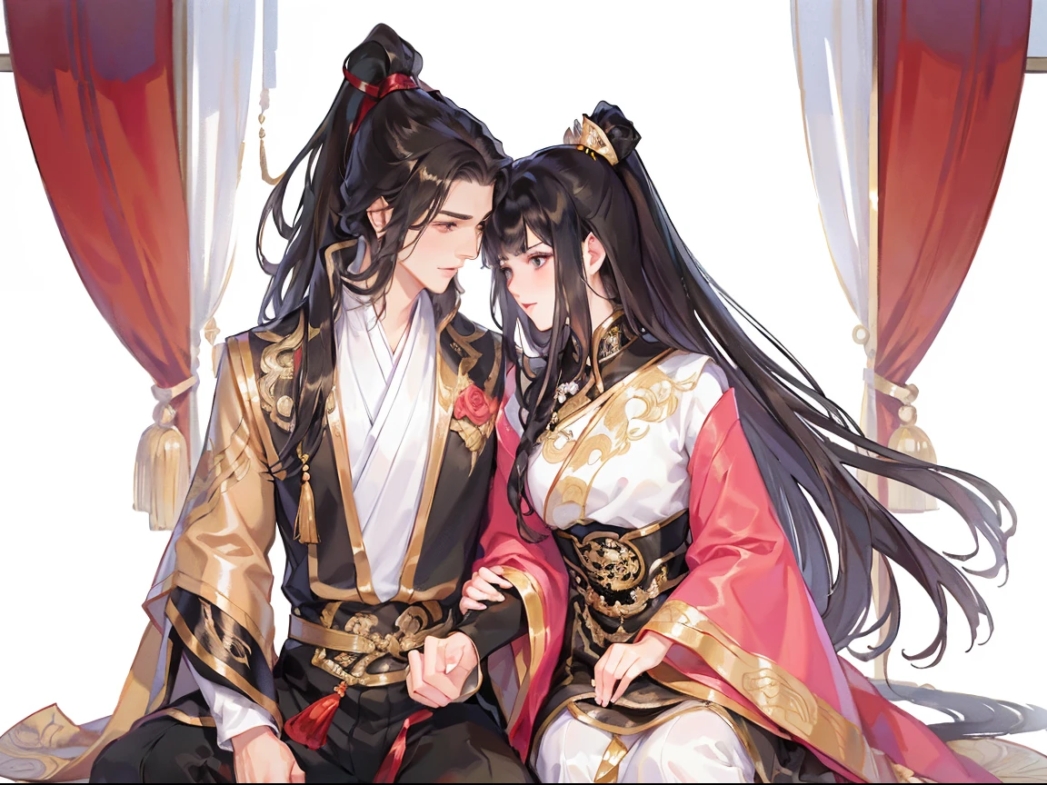 ((tmasterpiece)), Best quality at best, Excellent illustration, a couple kissing, soft focus, 1 boy with long black hair, yellow-eyed,Wearing black Hanfu, 1 girl with long black hair, No bangs, a pink eyes,Wear a pink dress, in a luxuriously living room, Chinese furniture,opulent and exquisite atmosphere, natta,gentlesoftlighting,Boys are taller than girls, They kissed each other passionately,Attractions,red rose,Big scene,k hd,4K,