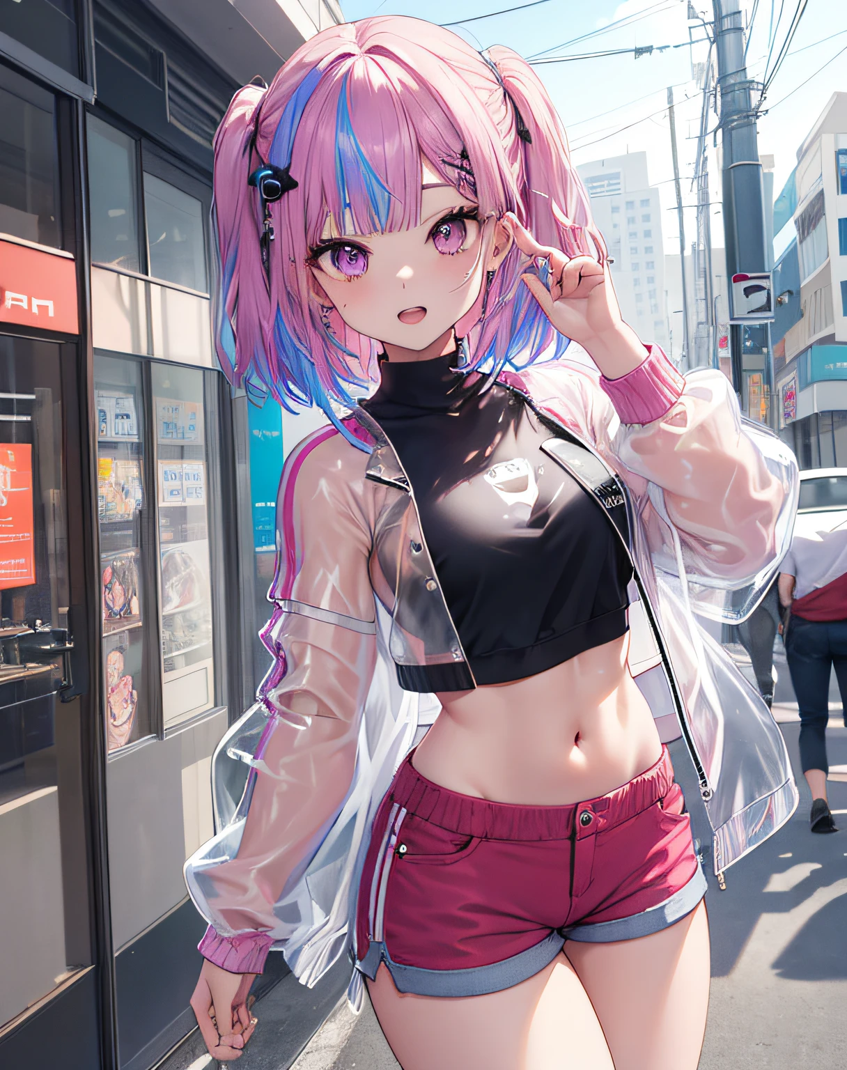 ((master part)), best quality, absurdos, ultra detalhado, Holographic, cowboy shot, proportion Aurea, menina super fofa, menina madura, Idol girl, Super beautiful asian girl with very cute violet bright eyes, Cabelo marrom brilhante multicolorido bonito, nice and sexy body, corpo magro, Corpo Perfeito, usando uma malha super apertada estampada de anime, um anime estampado super apertado fora ombro manga comprida crop top, a super aesthetic mini transparent jacket, ornamento de cabelo bonito, Pink Jordan Sneakers, sendo fotografado em uma loja de shopping, ((puxando para baixo shorts mostrando calcinhas fio-dental)), cabelo longo