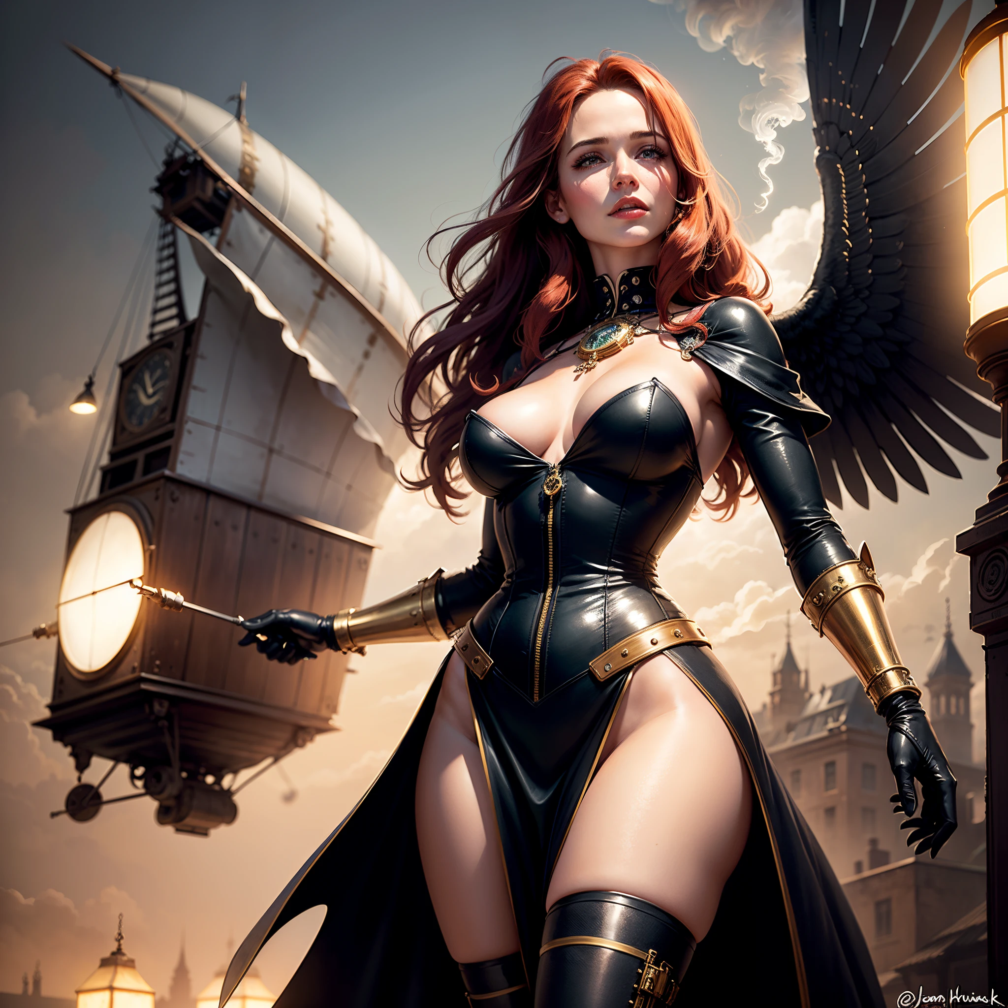 "(best quality,4k,8k,highres,masterpiece:1.2),ultra-detailed,(realistic,photorealistic,photo-realistic:1.37),steampunk girl, Jennifer Garner from Alias as Elektra, ((red hair)), beautiful detailed eyes,beautiful detailed lips,extremely detailed eyes and face,long eyelashes,busty,body curves,sexy:1.1,steampunk airship,flying through the sky,mechanical wings,leather corset,metallic goggles,antique clockwork mechanisms,brass and copper accents,steampunk fashion,ornate Victorian era dress,vintage stripes and patterns,vibrant colors,dark hued sky,dramatic lighting,soft ambient glow,smoke and steam effects" (((dark skin}}} "long dark hair"