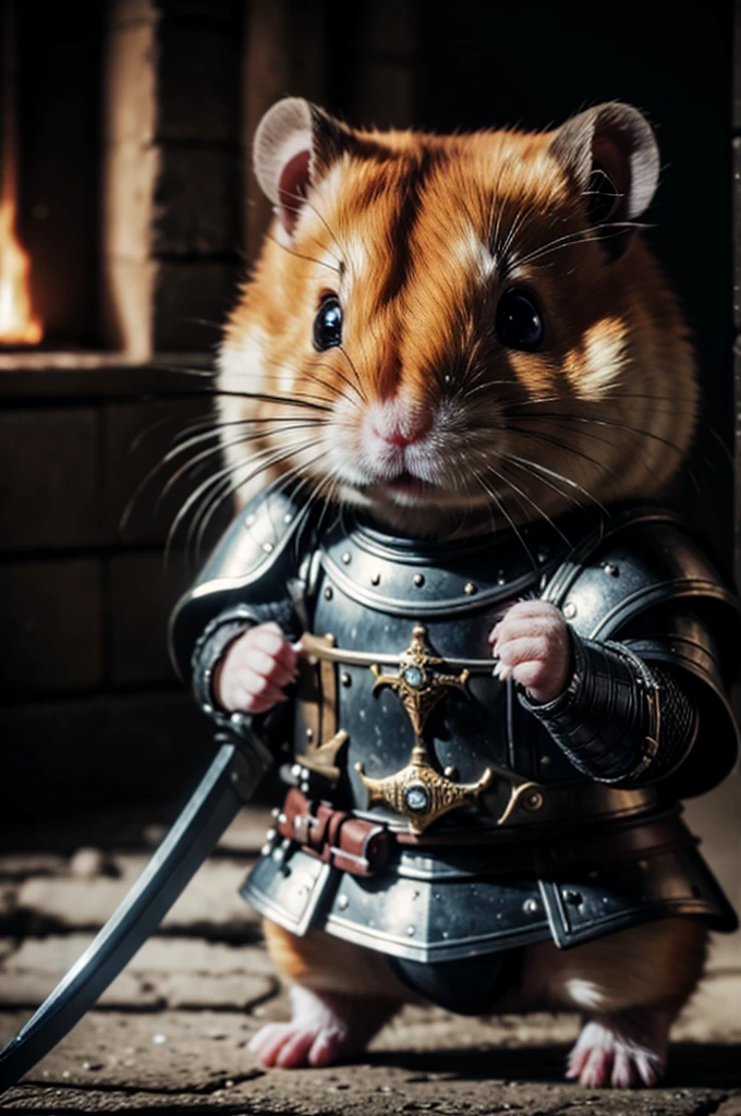 (best quality,4k,8k,highres,masterpiece:1.2,ultra-detailed,realistic,photorealistic:1.37, RAW photo, Nikon, portrait a little hamster with armor and sword, dark souls style, no human), solo:1.6, chibi, inside a dungeon with mosters, blurry background, bokeh, UHD, 16k, best quality, super detail, retina,