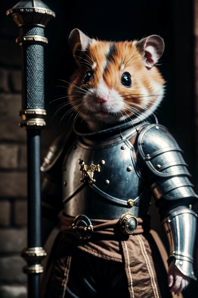 (best quality,4k,8k,highres,masterpiece:1.2,ultra-detailed,realistic,photorealistic:1.37, RAW photo, Nikon, portrait a little hamster with armor and sword, dark souls style, no human), solo:1.6, chibi, inside a dungeon with mosters, blurry background, bokeh, UHD, 16k, best quality, super detail, retina,
