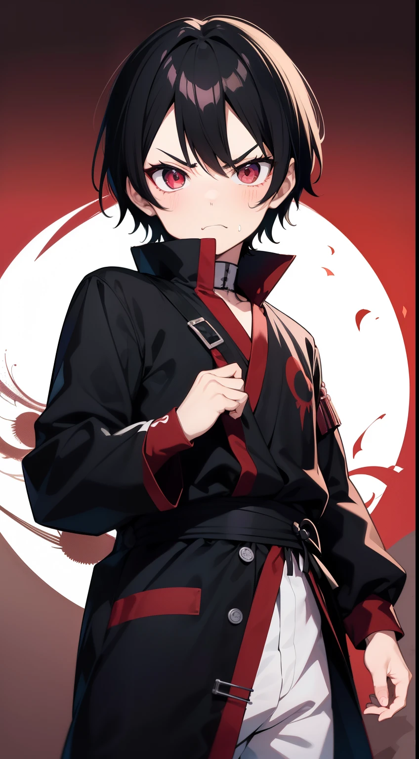 Anime ,  infant bodyck hair , heterocromia  olho esquerdo vermelho olho direito cinza , doujutsu  sharingan  e byakugan 
,  angry face,  black  moletom  , estilo anime , estilo musashi