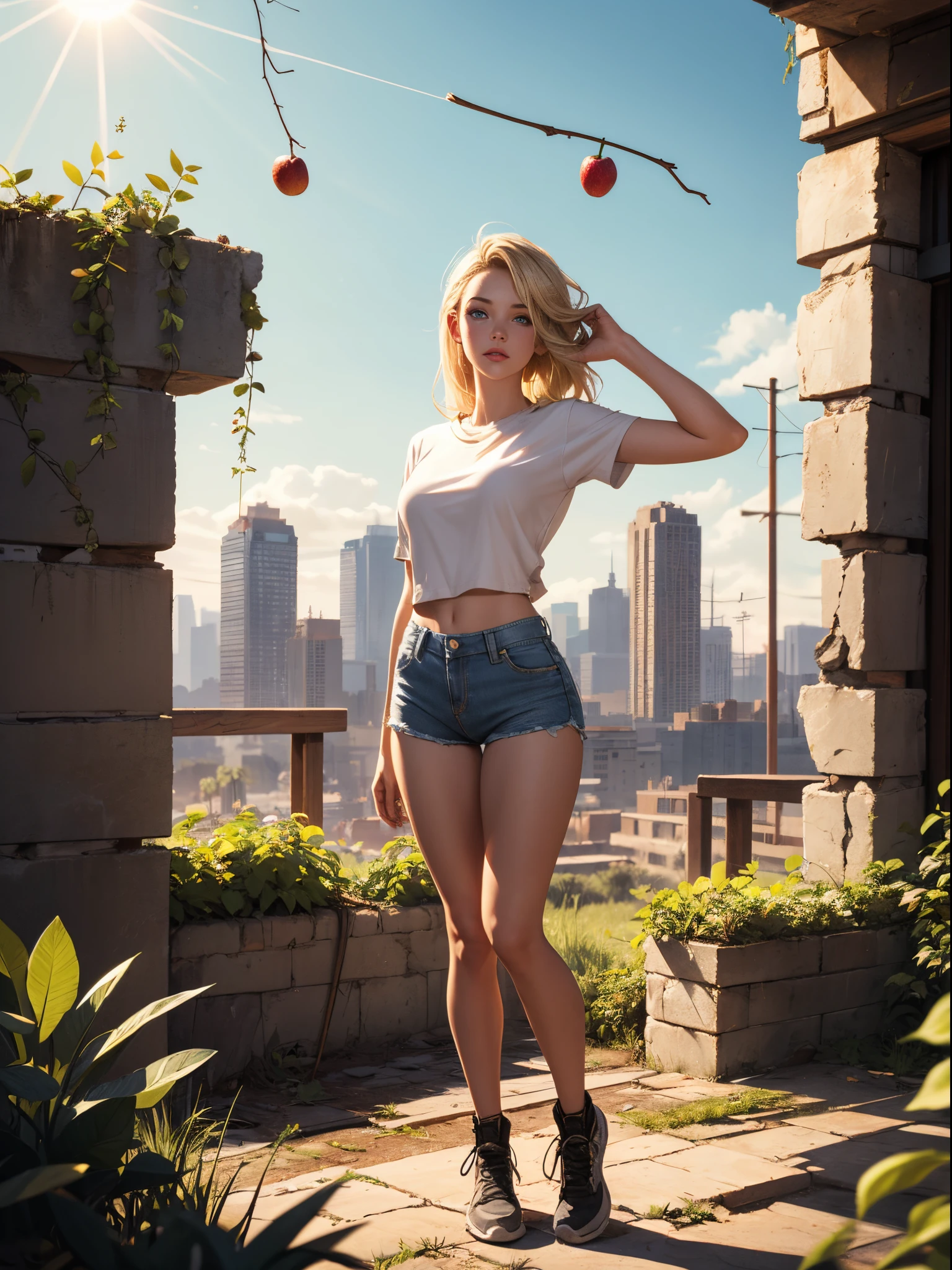 2076 year. The Urban Ruins of the Wasteland, Female huntress picking fruit in the garden, beautiful face, blonde, badly torn shirt and denim shorts ,  long legs, sweating through, sun rising, Nice warm colors, head to toe, full body shot, pretty hands, perfect fingers,