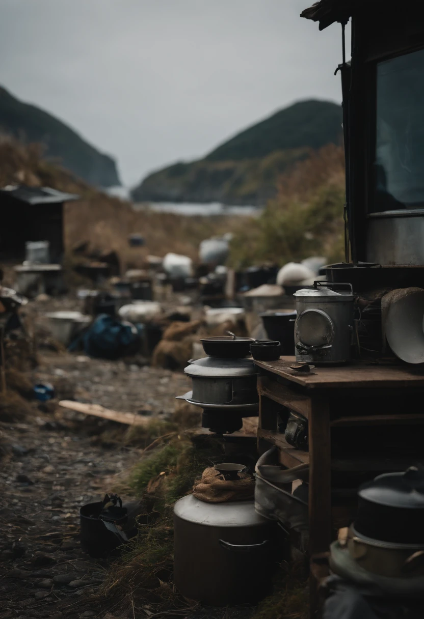 Japan's vast garbage dump、sea side、A large amount of camping equipment was discarded.、There are many abandoned wood stoves in the center.。
