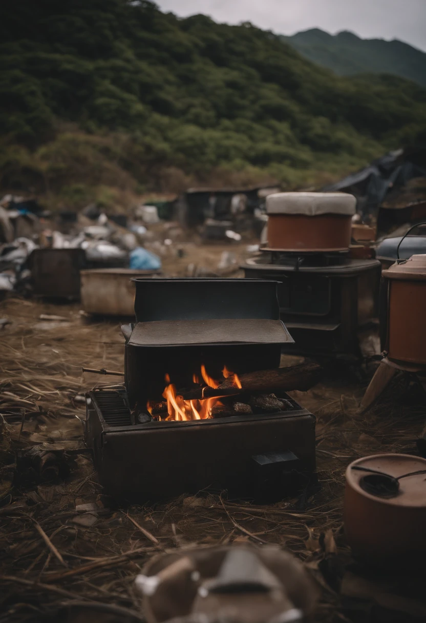 Japan&#39;s vast garbage dump、sea side、A large amount of camping equipment was discarded.、There are many abandoned wood stoves in the center.。