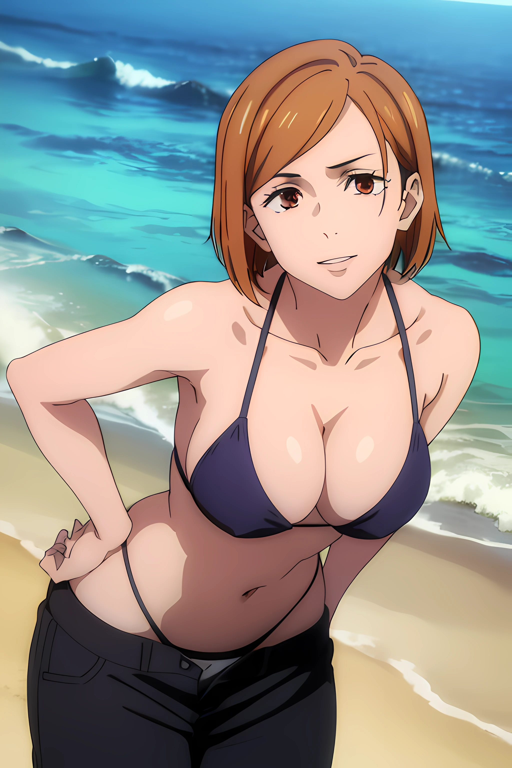 (masterpiece), (best quality), (ultra-detailed), (best illustration), (best shadow), (absurdres), nobarakugisakinova, short hair, orange hair, ((brown eyes)), kugisaki nobara, 1girl, solo, bangs, looking at viewer, upper body, ((bikini)), cleavage, ocean background, perfect body, ((perfect breasts)), charming smile, Hourglass body, thin waist, very thin waist, hands on hips, large breasts, sexy, slight head tilt