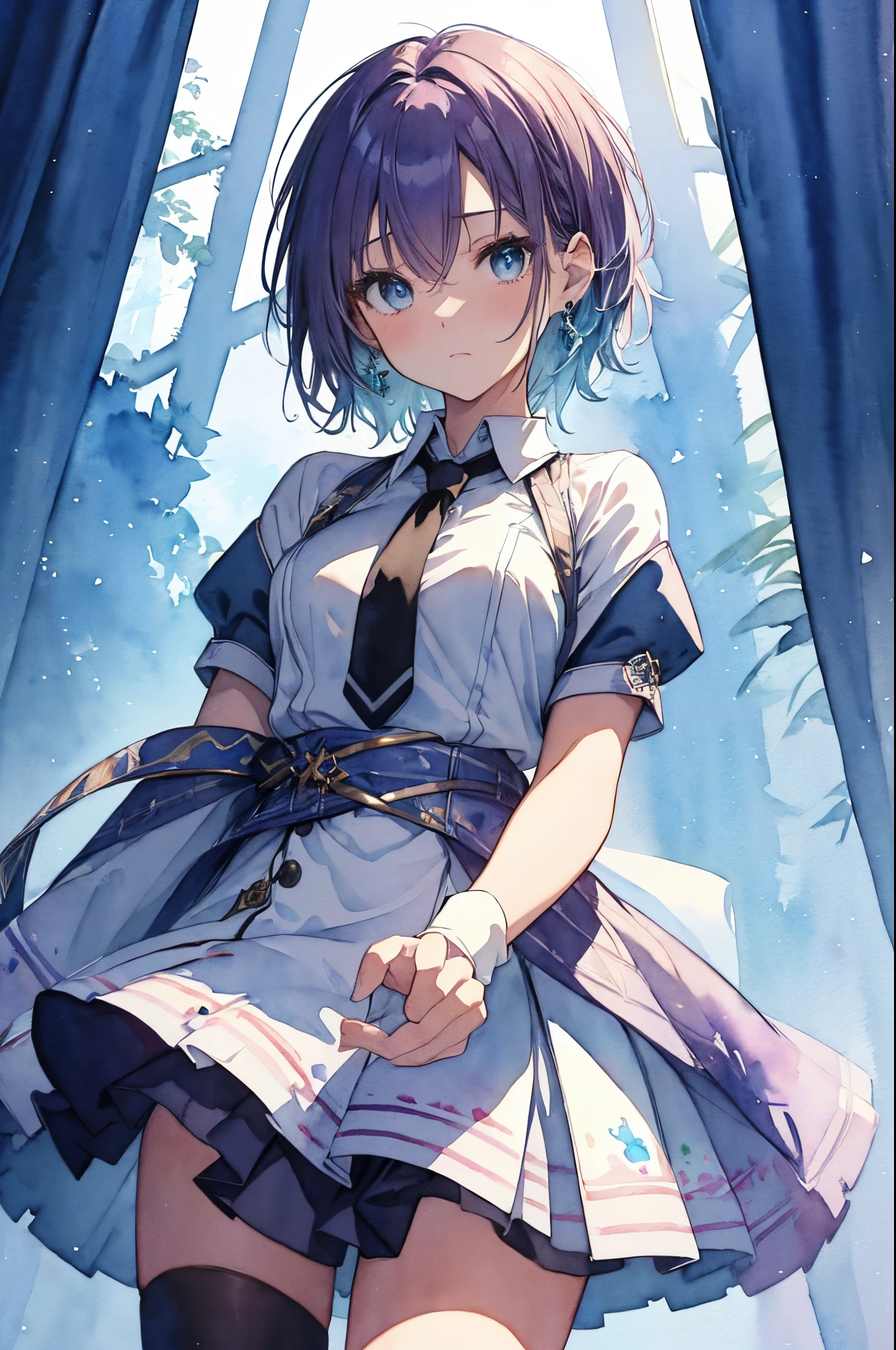 (High quality, 8K), (watercolor paiting:1,2, Soft light:1.5), Upper body, (topaz), Blue,Rainbow Color, One girl, Detailed face, Detailed eyes, watercolor paiting, very magical and dreamy, dreamy and detailed, dreamy atmosphere and drama, Beautiful dreamy lighting, dreamy ambiance, Beautiful atmosphere, Dreamy Romantic, Ethereal dreamy theme, Beautiful atmosphere, Anime Background Art, Magical atmosphere + masutepiece, dreamy aesthetic, Beautiful details with atmosphere, ③ part: small breasts, Beautiful breasts, beautiful nipples, shiny hair, floating hair, sparkling pupils, happy, detailed face, detailed eyes, detailed skin ④Style: , (blush:1.0), ⑤Subject:(Toru Asakura: 1.3), (short hair: 1.3), (Parted Bangs: 1.3), (blue hairs、gradation hair、multi color hair、Parted bangs、Purple hair), ⑦Construction:(full body: 1.3), Looking at Viewer, very wide shot, from below, ⑧Costume : (open collar, school uniform, rolled up sleeves, wristband, earrings), (earrings), (bluish white plaid skirt), (simple loose black necktie), (dark blue high socks: 1.3), ⑨Others:(Waiting for a kiss、Toned waist、slender body、small head、Seven-headed body, beauty legs, Footboard beauty),