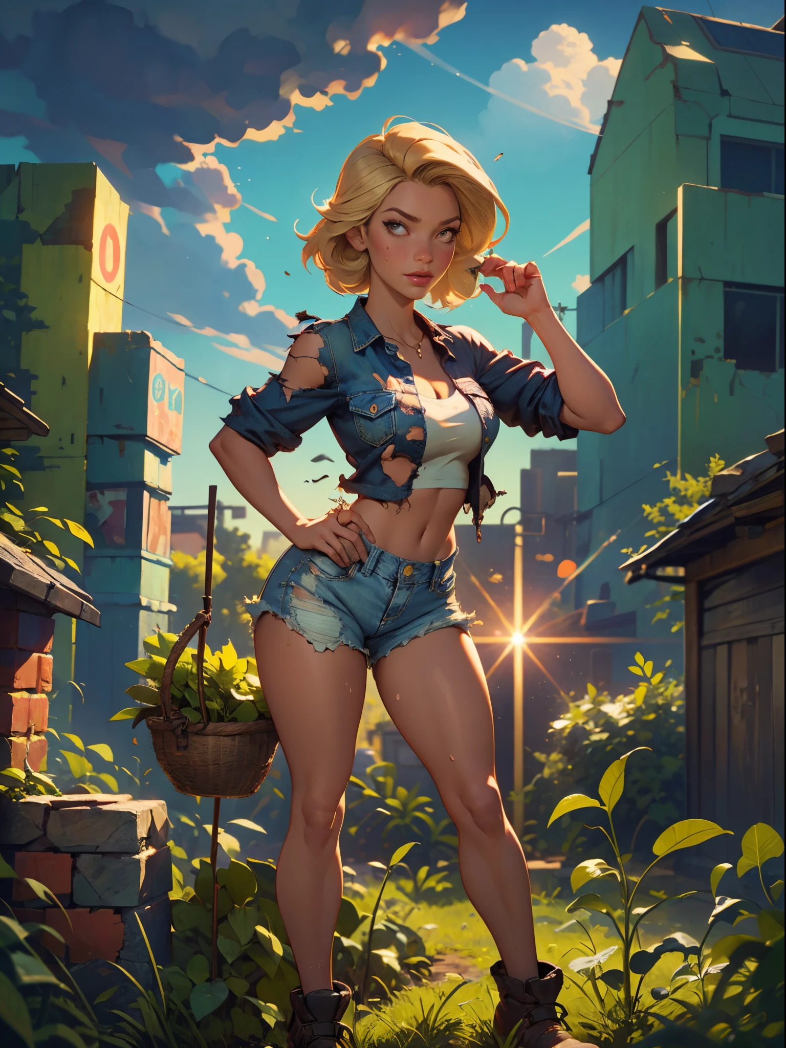 2076 year. The Urban Ruins of the Wasteland, Female huntress picking fruit in the garden, beautiful face, blonde, badly torn shirt and denim shorts , long legs, sweating through, sun rising, Nice warm colors, head to toe, full body shot, pretty hands, perfect fingers,