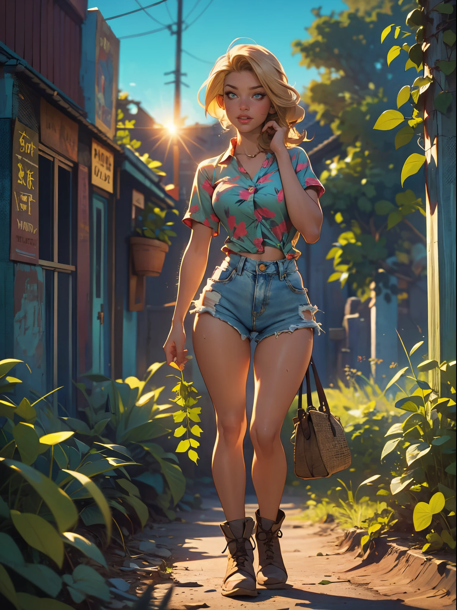 2076 year. The Urban Ruins of the Wasteland, Female huntress picking fruit in the garden, beautiful face, blonde, badly torn shirt and denim shorts ,  long legs, sweating through, sun rising, Nice warm colors, head to toe, full body shot, pretty hands, perfect fingers,