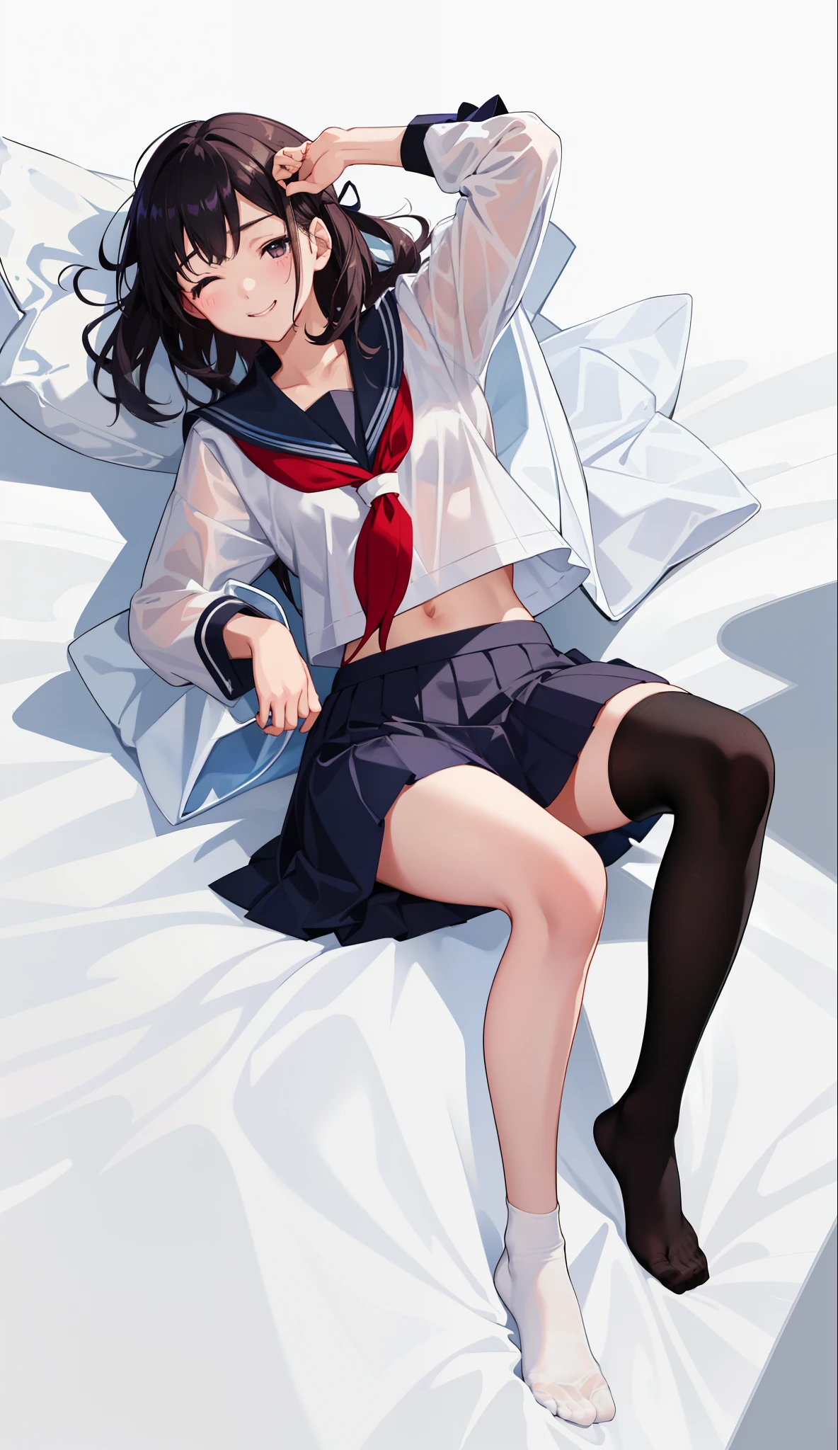 , serafuku, kamiyama high \(hyouka\), black skirt, long sleeve, black sailor collar, ((highest quality, High resolution, nffsw, perfect pixel, 8k, nffsw, nffsw))), 1 girl, single, alone, beautiful woman、I could see the whole body、((brown eyes, beautiful eyelashes, realistic eyes)), ((detailed face, blush:1.2)), ((smooth texture:0.75, realistic texture:1.0, ((realistic:1.3)), Anime CG style)), medium breasts, dynamic angle, perfect body, At the bed, evening、nsfw:1.5, ((hold own thighs, spread legs, legs up))、Very embarrassing panic smile、(((spread pussy:1.5))), nipple, (((1 boy and 1girl are having sex:1.5))), ((lying on bed:1.3)), missionary position, man on top, 