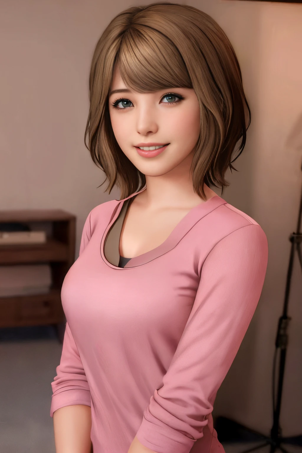 portrait of maxcaulfield ,solo, shirt, cleavage, brown hair, short hair, realistic, (pink shirt:1.1), lips, blue eyes, nose, bangs, happy, smile, flirting with camera