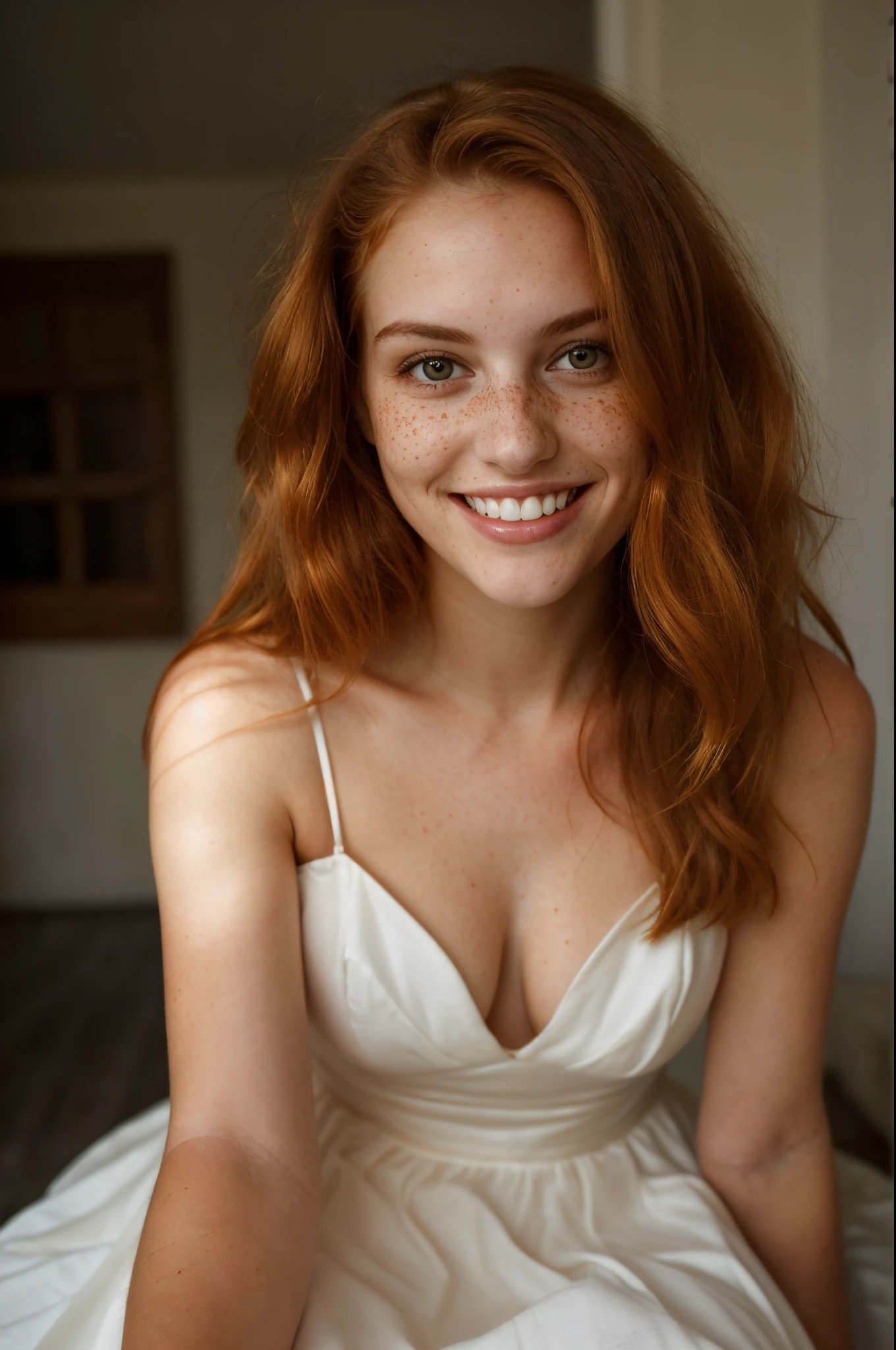 beautiful average looking woman, smiling, white teeth, dress, (looking at the camera:1.4), (highest quality), (best shadow), intricate details, interior, ginger hair:1.3, dark studio, muted colors, freckles