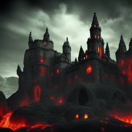 Underground kingdom of demons and mystical beings with lava around gothic castle(real style)