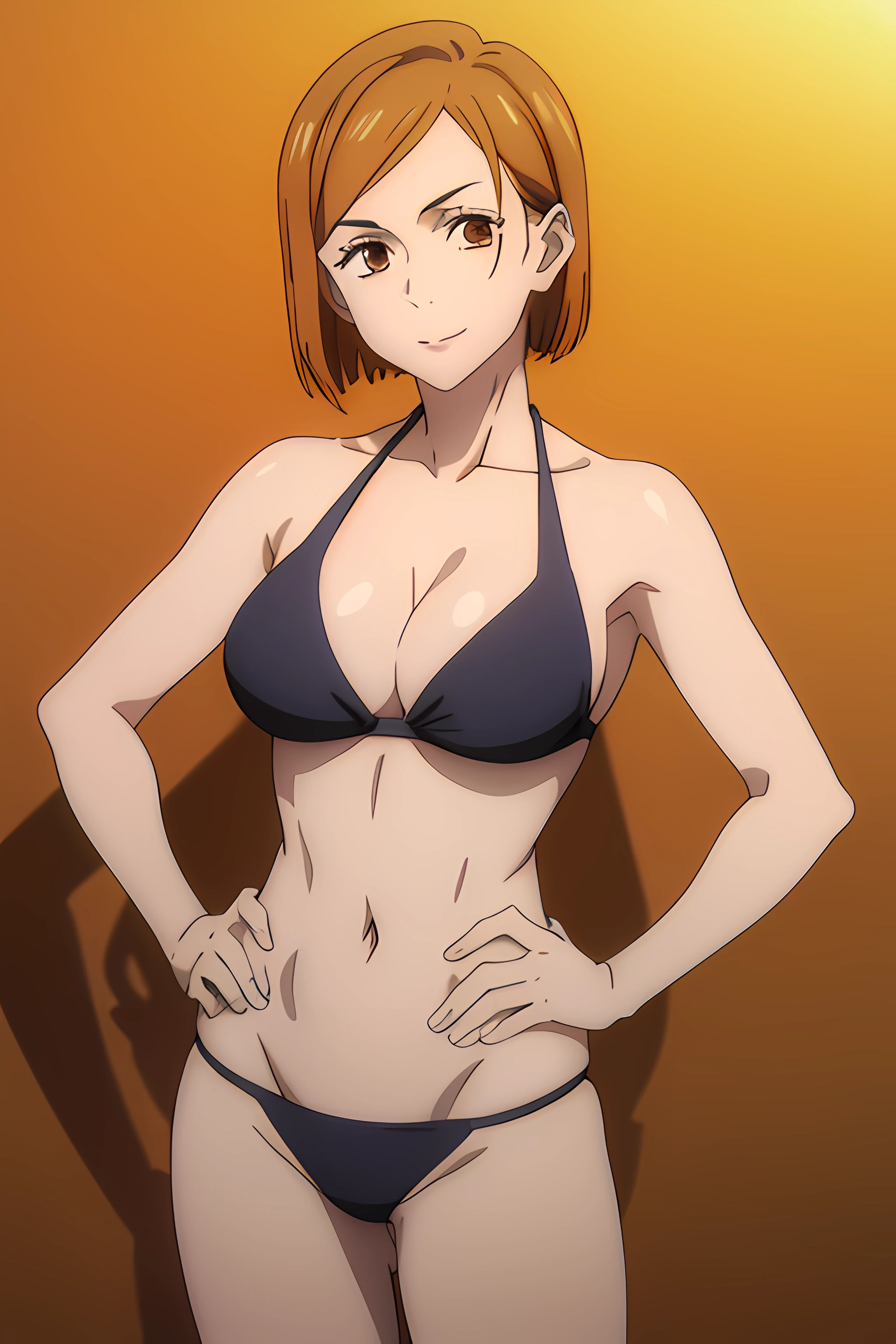 (masterpiece), (best quality), (ultra-detailed), (best illustration), (best shadow), (absurdres), nobarakugisakinova, short hair, orange hair, ((brown eyes)), kugisaki nobara, 1girl, solo, bangs, looking at viewer, upper body, ((bikini)), cleavage, ocean background, perfect body, ((perfect breasts)), charming smile, Hourglass body, thin waist, very thin waist, hands on hips, large breasts, sexy, slight head tilt