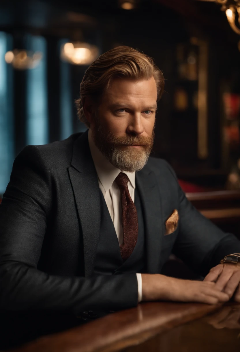 A photo of Harvey sitting at the bar of a swanky cocktail lounge, sipping on a fancy drink with a bored expression on his face.,Gotham,Harvey is an older male, with ginger and grey shaggy hair and beard, wears a suit and tie and fedora, famously portrayed by Donal Logue, male