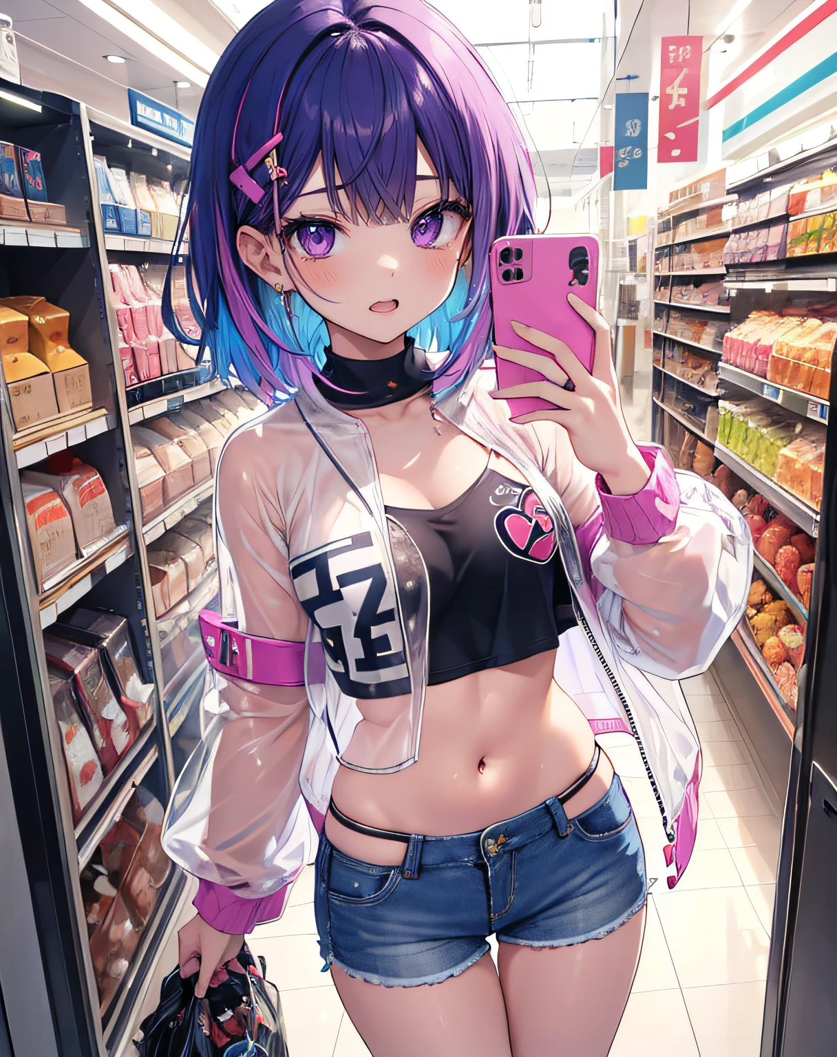 ((master part)), best quality, absurdos, ultra detalhado, Holographic, cowboy shot, proportion Aurea, super fofa, meninaa, Idol girl, Super beautiful asian girl with very cute violet bright eyes, Cabelo marrom brilhante multicolorido bonito, rabo de cavalo alto, nice and sexy body, corpo magro, Corpo Perfeito, usando uma malha super apertada estampada de anime, um anime estampado super apertado fora ombro manga comprida crop top, a super aesthetic mini transparent jacket, ornamento de cabelo bonito, Pink Jordan Sneakers, sendo fotografado em uma loja de shopping, puxando para baixo shorts mostrando calcinhas fio-dental, ((nsfw)), {{Lewd}}