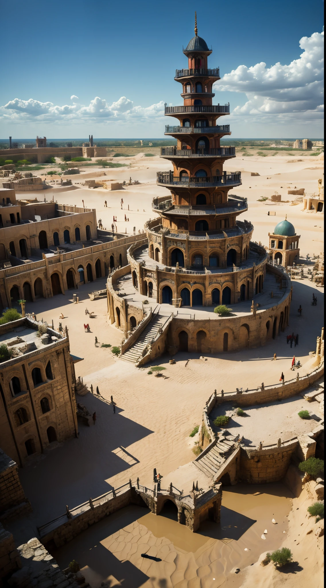 (Samarra), air elemental, sand, dust, ancient city, war, very detailed ultra realistic middle age city, huge Samarra Tower, Old Abbasid City, Turkish culture,city, Samarra city, The Great Mosque of Samarra, (Samarra), Samarra culture, Turkic Abbasid city, D&D, lord of the rings, mediaeval, very detailed Samarra city