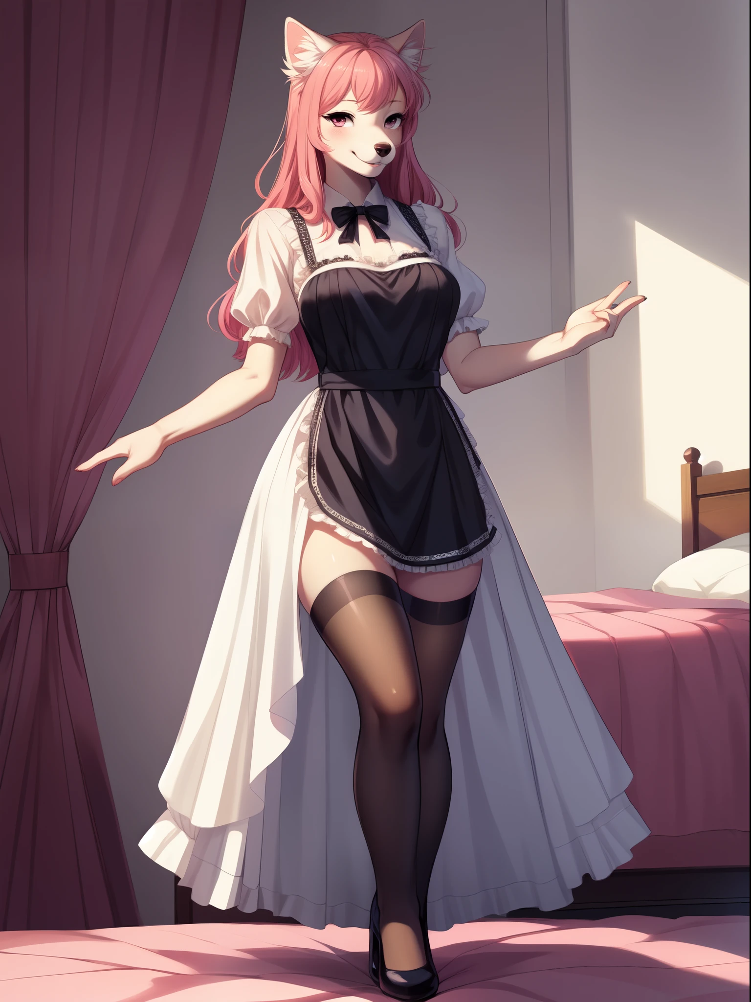 Solo:1.2, Athena, pink domestic dog, long pink hair, 4 toes, pink eyes, white sclera, black thigh highs, wearing short frilly black and white maids dress, black and white dress, standing in a colorful bedroom, intricately designed elegant bedroom,front view, hands behind her back, smiling big, by fumiko, by gudlmok99