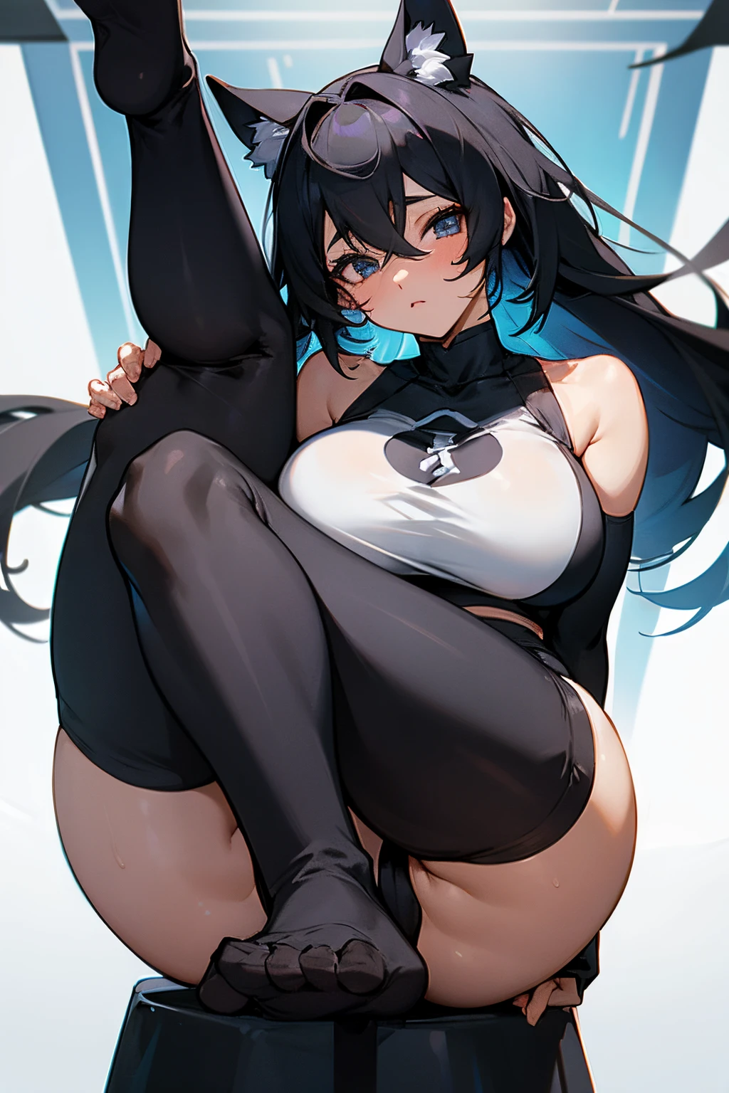 anime girl big breasts black leggings covering entire legs with cameltoe and black gym croptop sweaty feet with toes out white semi transparent socks giving a footjob her feet hovering over a penis