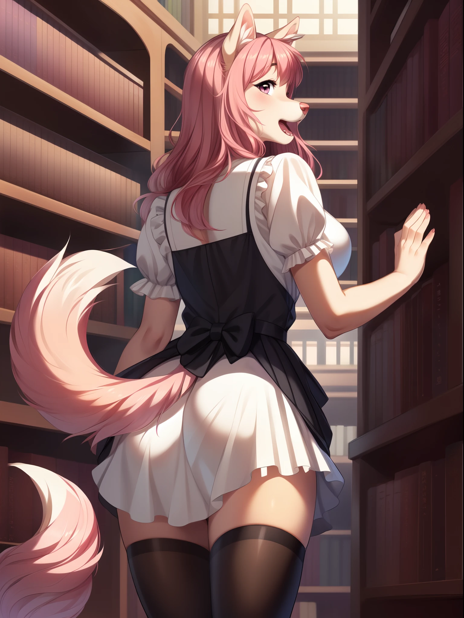 Solo:1.2, Athena, pink domestic dog, long pink hair, 4 toes, pink eyes, white sclera, pink tail, black thigh highs, wearing short frilly black and white maids dress, black and white dress, standing in a colorful library, intricately designed elegant library, reaching for something on a bookcase, rear view, mouth open, looking surprised, by fumiko, by gudlmok99